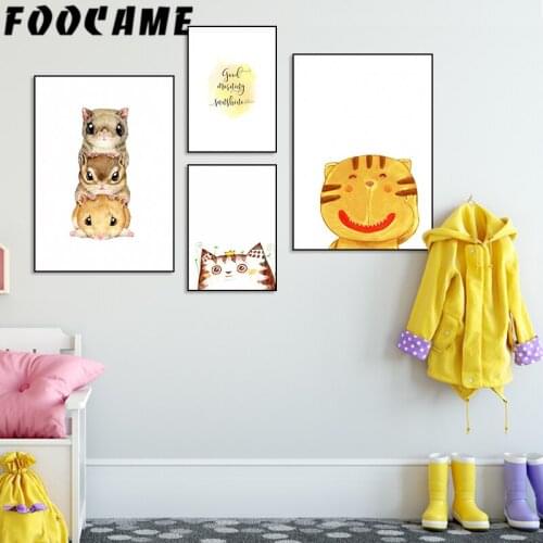 FOOCAME Cat Mouse Watercolor Painting Canvas Wall Art Nursery Cartoon Nordic Poster Print Living Room Kids Decoratio Picture
