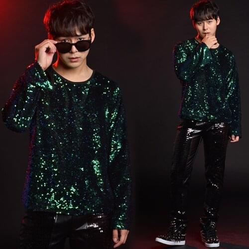Star Same Style Rock Long-Sleeved Sequined T-Shirt Flared Sleeve Top Male Singer Dancer Nightclub Dj Ds Jazz Dancewear XS2219