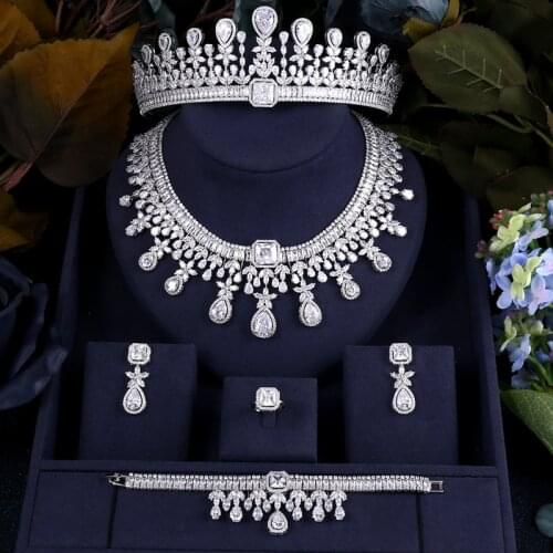 Janekelly Luxury cubic zirconia necklace bracelet earrings and ring 4pcs dubai full jewelry set for women,bridal dress dinner