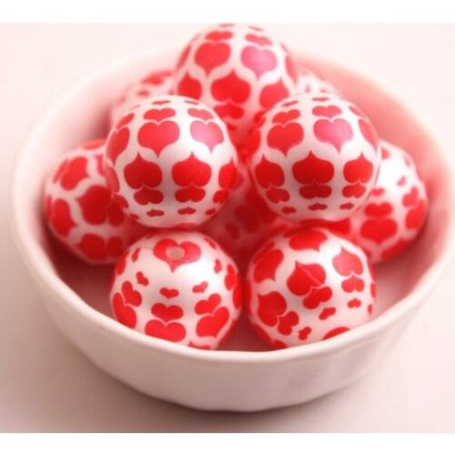Valentines Day color 20MM 100pcs/lot Chunky Acrylic Matte Imitation Pearl print Heart Beads For Kids Beaded Necklace Jewelry