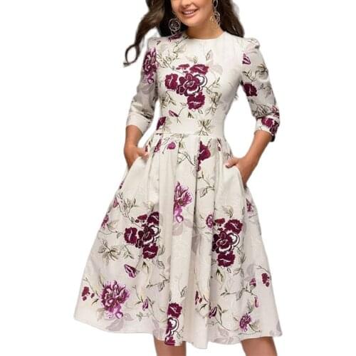 Hot Sale European And American Elegant Office Midi Dress Round Neck Print Dresses Beach Long Sleeve Dress Vintage Party Dress