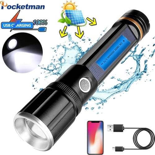 20000LM Powerful Solar/USB Charging Flashlight Built-in Battery Torch Zoomable Flashlight Waterproof Torch for Emergency Camping