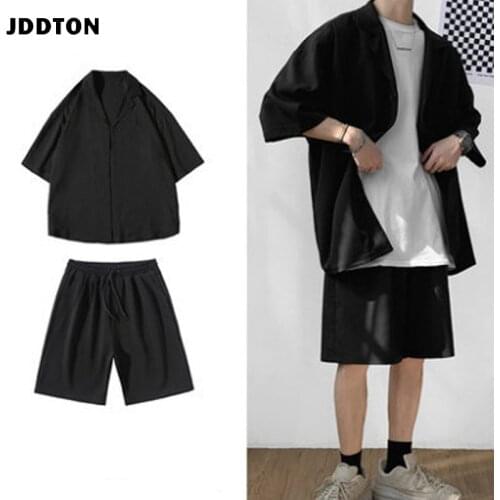 JDDTON Korean Style Mens Set Suit Jacket and Shorts Solid Thin Short Sleeve Knee-Length Summer Oversized Clothing Man JE665