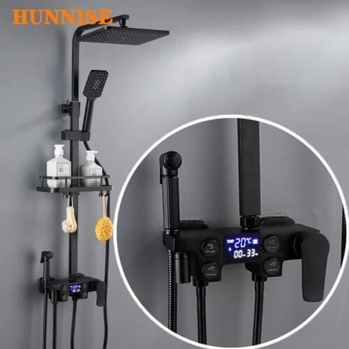 Thermostatic Bathroom Shower Set with Temperature Display Digital Bathroom Shower Mixer Set Rainfall Black Digital Shower System