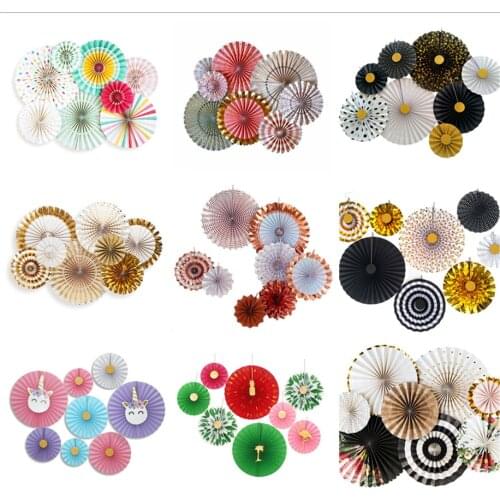 Set of 8 Fancy Paper Party Fans Foil Rose/Gold White Black Tie Party Paper FansWedding Engagement Bridal Shower Birthday Decor