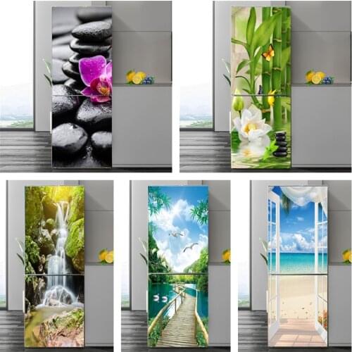 Landscape Flowers Refrigerator Stickers Waterproof Self-adhesive Door Poster Furniture Decoration Wallpaper Kitchen Fridge Decal