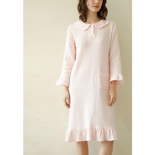2021 Korean Autumn Lovely Cotton Nightgowns Long Crepe Lotus Collar Princess Sleeping Dress Womens Sleepwear Home Nightwear