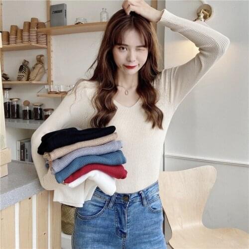 Autumn And winter 2020 New Korean Style Slim V-neck Pullover Sweater Pure Color Casual All-match Bottoming Sweater Women