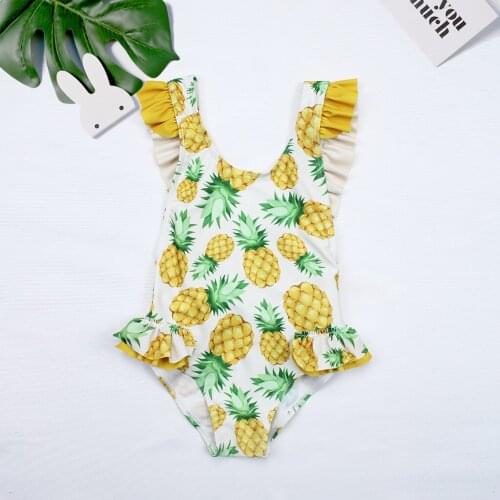 2021 Newest Arrival Little Girls Summer Swimwear Kids Pineapple Printed Flying Sleeve O Neck Swimsuit with Bow Outfits
