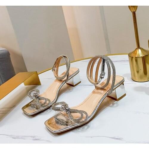 Fairy Shoes New Square Toe Hollow Sandals Bowknot Rhinestone Word Belt Womens Shoes Sandals For Women 2021
