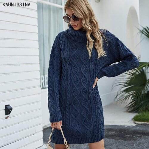 Autumn Winter Women Turtleneck Sweater Loose Oversized Elegant Warm Knitted Pullovers Fashion Solid Tops Knitwear Sweater Dress