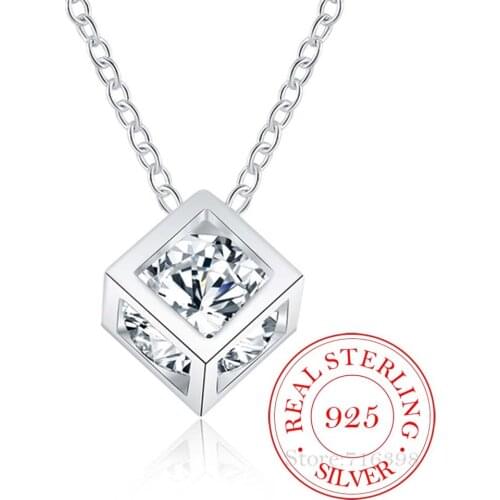 925 Sterling Silver Cube Zirconia Crystal Pendant Necklace For Women Gift 45cm Link Chain Choker Collares Kolye Wedding Jewelry