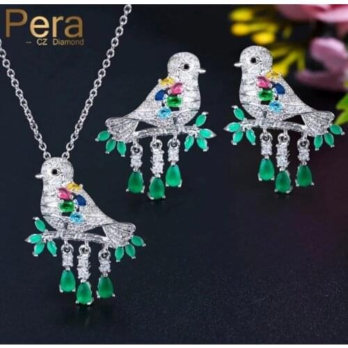 Pera Unique Fashion Women Bird Design Silver Color Jewelry Big Green Cubic Zirconia Animal Drop Necklace Earrings Set J272