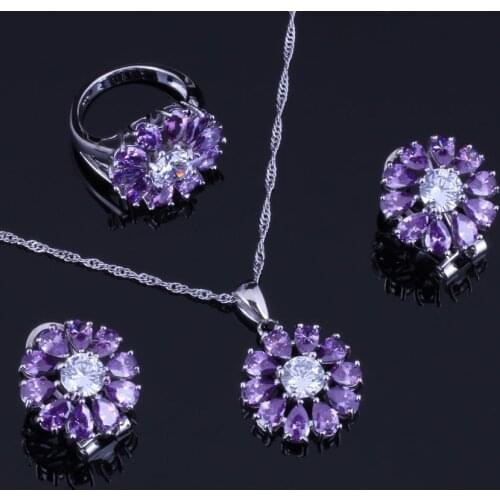 Terrific Purple Cubic Zirconia White CZ Silver Plated Jewelry Sets Earrings Pendant Chain Ring V0309