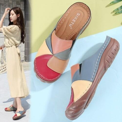 Plus Size 42 Women Shoes Mix Color Retro Slippers High Quality PU Leather Patchwork Mules Lightweight Cozy Sandal Ladies