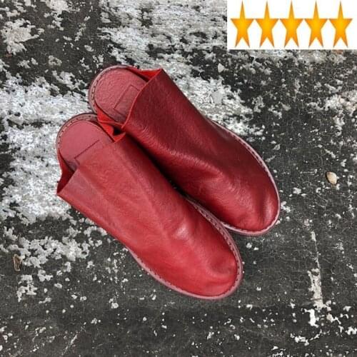 Flats Casual Gothic Slides Women Round Toe Genuine Leather Slippers 2021 Harajuku Handmade Ladies Outside Sandals Shoes