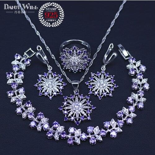 Snowflake silver color Jewelry Purple Cubic Zirconia Crystal Jewelry Sets For Women Earrings/Pendant/Necklace/Rings/Bracelet set