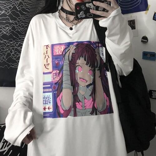 Vintage women t-shirt cotton 2021 Korean version of ins anime print long-sleeved top loose punk round neck student shirt female