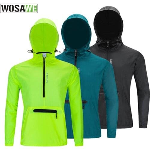 WOSAWE Hooded Cycling Motorcycles Jackets Caps Front Back Storage Pockets Black Rain Repellent Slim Fit MTB Bike Windbreakers