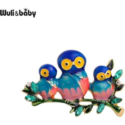 Wuli&baby Enamel 3 Owl Bird Brooches For Women Unisex Lovely Stand One Branch Owls Party Casual Brooch Pins Gifts