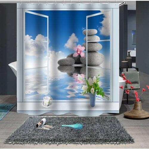 Custom Made Shower Curtain Bathroom Curtain Partition 1.5 x 1.8m 1.8 x 1.8m 1.8 x 2m Cobblestone Window Cloud Floral Blue Sky