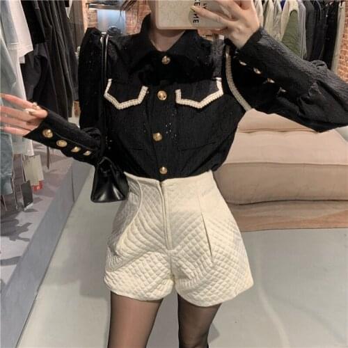 Womens Tops and Blouses 2021 Spring Autumn New Korean Niche Temperament Lapel Pocket Button Black Shirt Bustier Femme Vestidos