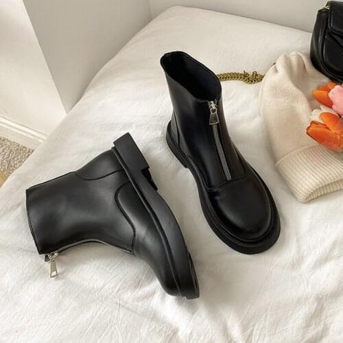 Rock Shoes Woman Boots-Women Luxury Designer Round Toe Zipper 2021 Autumn Ladies Fashion Med Leather Ankle Rubber Fabric Cross