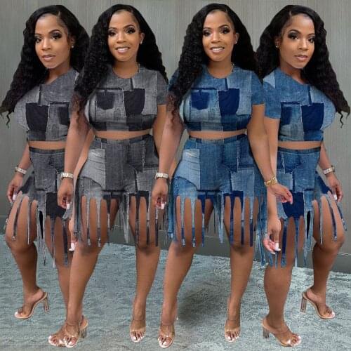 Echoine Denim Print Patchwork Short Sleeve Tshirt Crop Top Tassel Fringe Shorts Sexy Casual Tracksuit Women Clothing Outfits