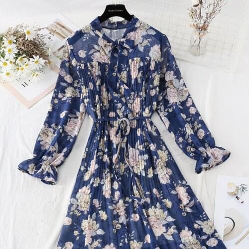 2021 Spring Women Chiffon A-line Dress Bohemian Printing Fashion Midi Vestidos De Elegant Women Beach Dress Clothes