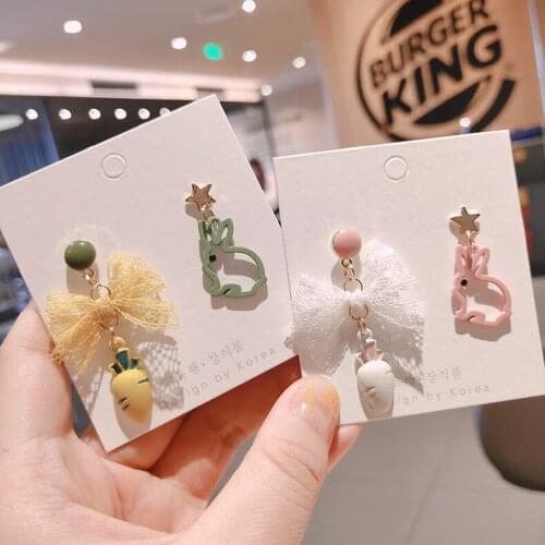 Hot selling asymmetrical rabbit earrings Japan and South Korea cute girl cartoon earrings wild lace earrings wholesale