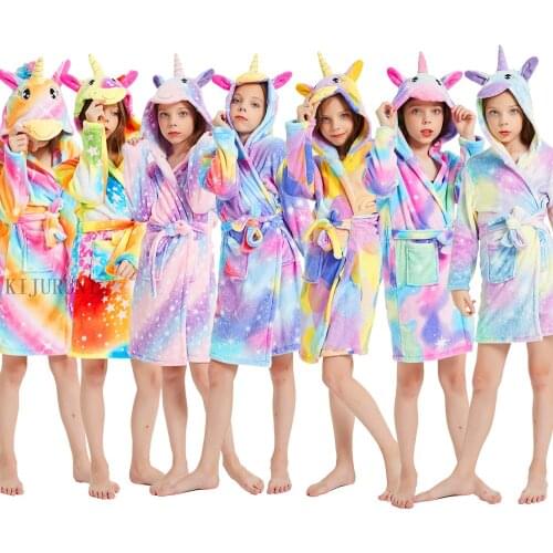 New Autumn Winter Hooded Children Bathrobe Kids Unicorn Bath Robe Boys Girls Animal Pyjamas Kids Long Sleeve Cartoon Towel Robe