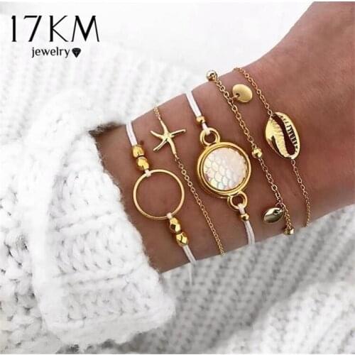 17KM 5PCS/Set Shell Bohemian Bracelets & Bangles Set Vintage Gold Multi layer Charm Bracelet For Women 2019 Fashion Jewelry