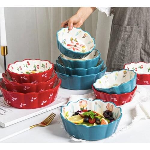 Floral Ceramic Salad Bowl Candy Color Breakfast Cereal Fruit Bowl Dessert Soup Noodles Restaurant Bowl Microwave Oven Tableware