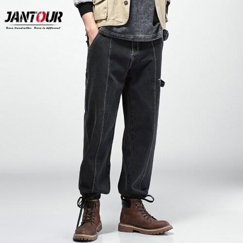 Jantour Black Patchwork Jeans men Fashion Casual Loose Stretch Straight Trousers Male Letter Print Streetwear Pants M-4XL 5XL