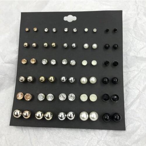 Wholesale 30 Pairs/set Classic Womens Round Ball Metal Pearl Earrings for Women Girl Gifts Crystal Stud Earring Set Mix Jewelry