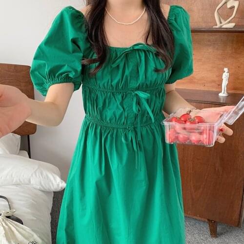 Korean Chic Temperament, Gentle and Thin, Square Neck Bow, Pleated Waist, Mid-Length Puff Sleeve Dress Women