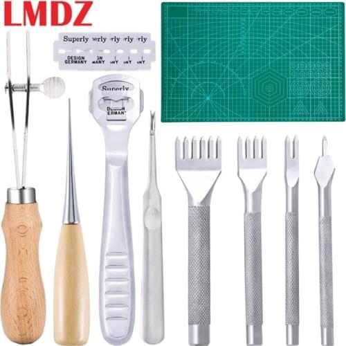 LMDZ Leather Working Kit Spacing Punch Tool Hole Punches Lacing Stitching Leather Thinning Skiving Tool Awl A3 Mat for Starter