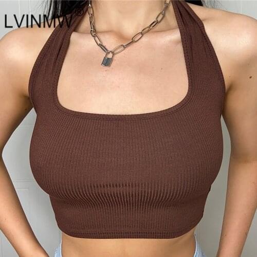 LVINMW Tank Ribbing Solid Halter Backless Crop Top Square Collar Sleeveless Basic Casual Women Clothing Simple Slim Streetwear