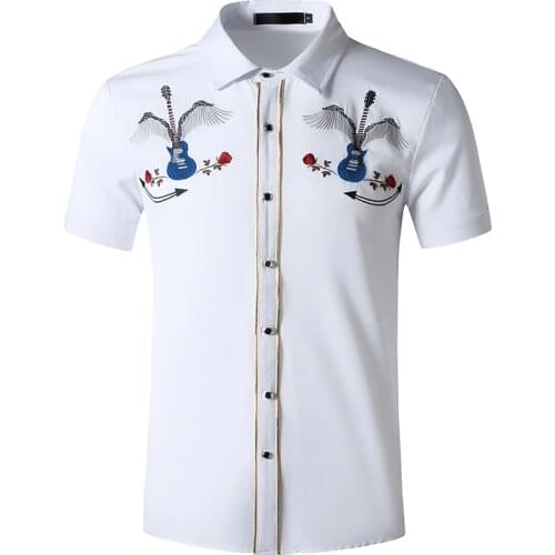 White Guitar Embroidery Western Cowboy Shirt Men 2021 Slim Fit Short Sleeve Shirts Mens Wedding Party Banquet Social Shirt Male