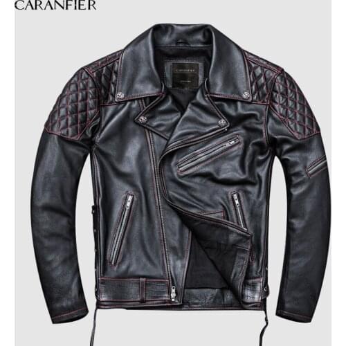 CARANFIER 2019 Men Diagonal Zipper Slim Fit Motorcycle Leather Jacket Plus Size 4XL Genuine Cowhide Spring Bikers Leather Coat