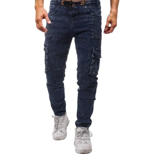 2019 New Men Jeans Fashion Elastic Wrinkle Side Pocket Washing Tether Casual Hip-Hop Jeans Trousers Stretch Pants