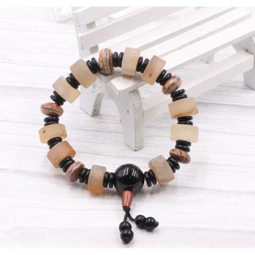 Natural Gobi Agates Handmade Beads Bracelet Tibet Dzi Buddha Bracelets Wristband Unisex Bangle Lucky Prayer Jewelry 19cm B335