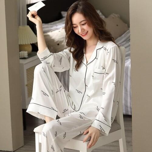 Women Ice Silk Pajamas Spring Black Letter Bedroom Sleepwear PJs Pijama Feminino Mujer Dormir Home Clothes Satin Pyjama Femme