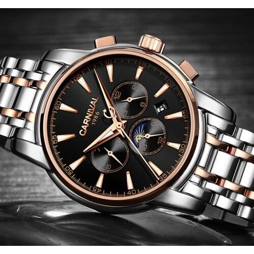Luxury Gold black Man Watch CARNIVAL Mechanical Watches Mens 2021 Moon Phase Waterproof Double Calendar Luminous Erkek Kol Saati
