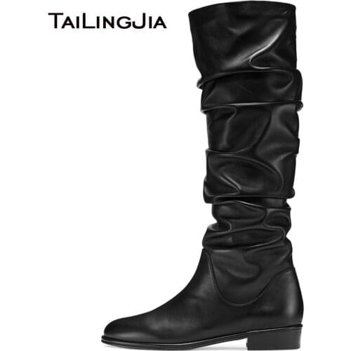 Women Black Round Toe Flat Slouch Knee High Boots Pleated Long Boots for Ladies Stylish Warm Autumn Winter Shoes Big Size 43