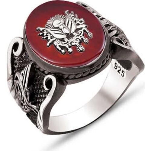 Silver Agate Stone Top Crested Male Ring