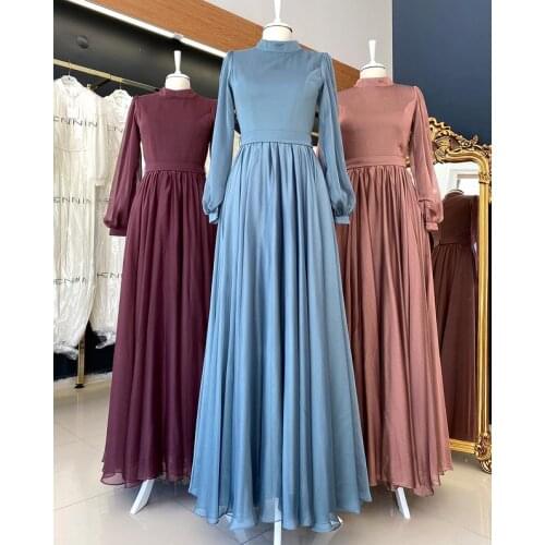 Chiffon Long Sleeve Evening Dress 2021 High Collar Long Sleeve A Line Long Formal Party Gowns Robe De Soire