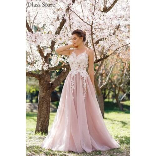 Light Pink Prom Dresses O-neck Sleeveless A-line Floor Length Applique Elegant Tulle Illusion Fomal Evening Gown вечерние платья