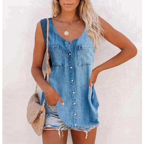 Summer Woman T-Shirts 2021 Summer Women Vest Single-breasted Sleeveless Pockets Loose Denim Blouse Top for Daily Life