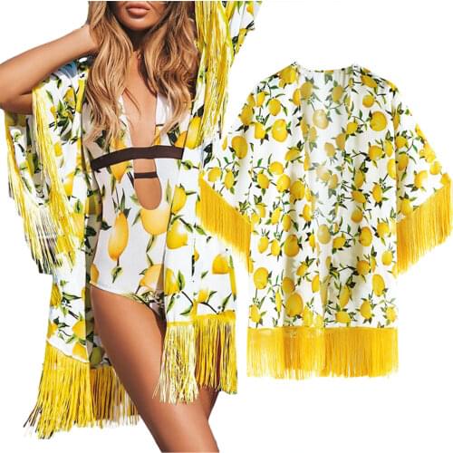 Fashion Women Casual Beach Cover Ups Blouse Yellow Lemon Printed Pattern Half Sleeves Tops with Tassels Female Beachwear Dress
